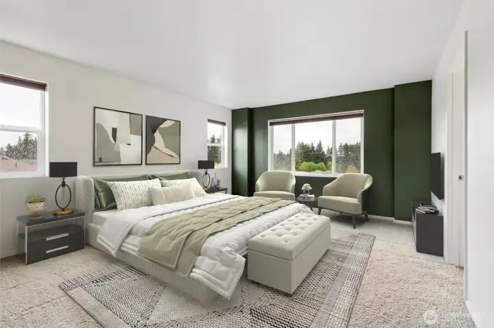 Primary Suite view, large windows again, carpets just cleaned, your ensuite bath is to your right. ***Virtually Staged***