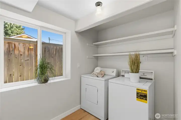 Utility room with shelves for laundry storage. Utility room with shelves for laundry storage.