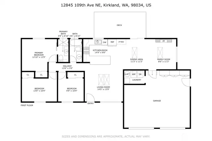 The single-level floor plan lives large with three bedrooms, a primary suite with private bath, an open kitchen and dining area, and separate living and family rooms, all flowing to the deck and a two-car garage.