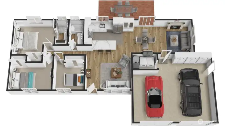 This three-dimensional layout shows how the open-concept living, dining, and kitchen spaces connect seamlessly, offering a clear sense of the home's smart, flexible single-story design.