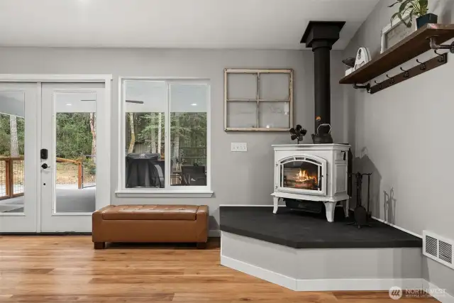 You'll love the wood-burning stove, combining energy efficiency with cozy warmth on those cold rainy evenings.