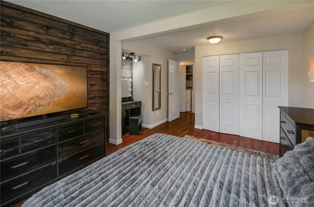 The primary bedroom will amaze and delight you! It's spacious and features an alcove for make-up or perhaps a reading area, depending on your preferences. Storage is abundant, and everything is gleaming and ready for you.  And dual blinds allow you to pull them down for privacy, or to also darken the room with the black-out feature.