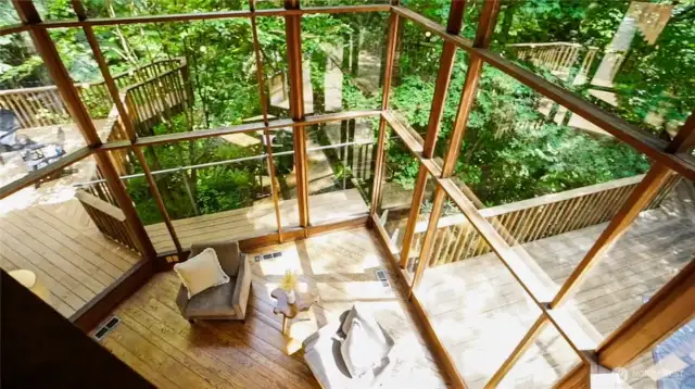 Looking down to the living room from the loft.