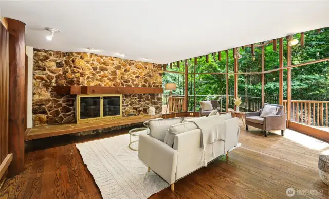 The fireplace stone was sourced from an old gold mine near Monte Cristo, WA.