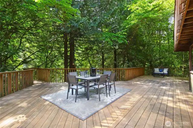 The expansive deck is perfect for entertaining or unwinding serenaded by the natural vibes of the creek and birdsongs.