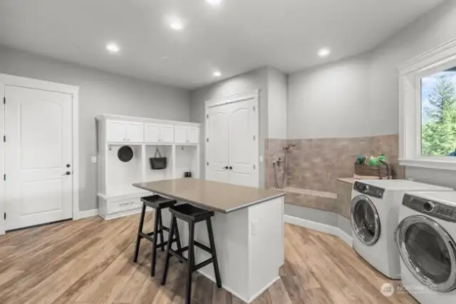 Mud room complete with dog washing station, locker's washer and dryer, storage closet and an island.
