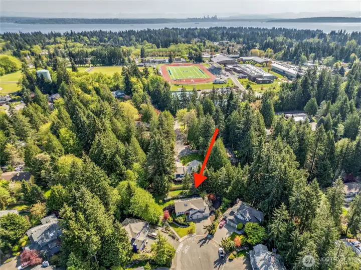 Quiet and serene, at the top of this cul-de-sac. The home sits high above the neighborhood yielding a wonderful territorial view from the windows.