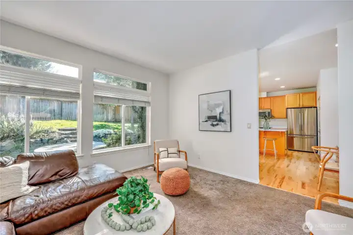 The family room feeds into the kitchen, with eating area.