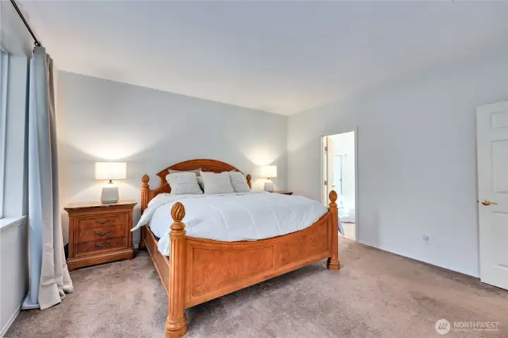 The large primary bedroom looks over the back yard. Ample space for a sitting area here.