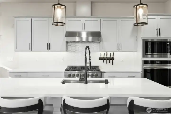 A stunning kitchen centerpiece, the expansive island offers bar seating, quartz countertops, and stylish pendant lighting. Clean-lined cabinetry and a professional-grade range complete this bright, modern space designed for gathering and entertaining.