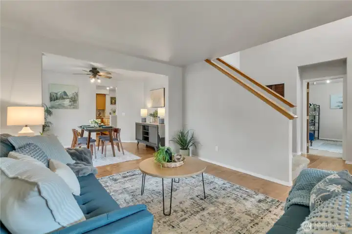 Views into the dining room, and kitchen beyond, as well as over into the office