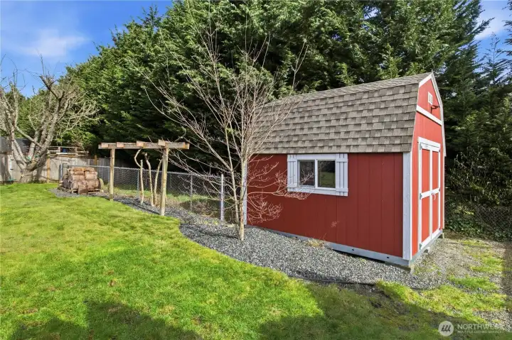 Tuff Shed and chain link dog run at back of property