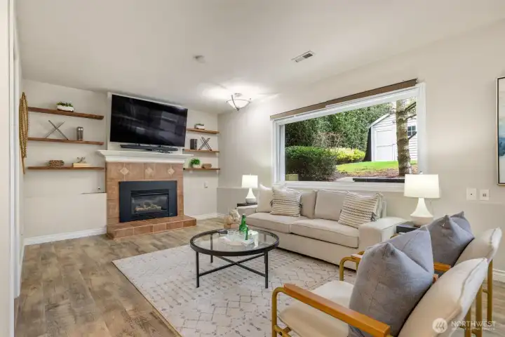 The lower level rec room with gas fireplace and pull down TV