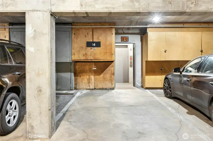 Garage spot #14 - storage locker location and right by the elevator.