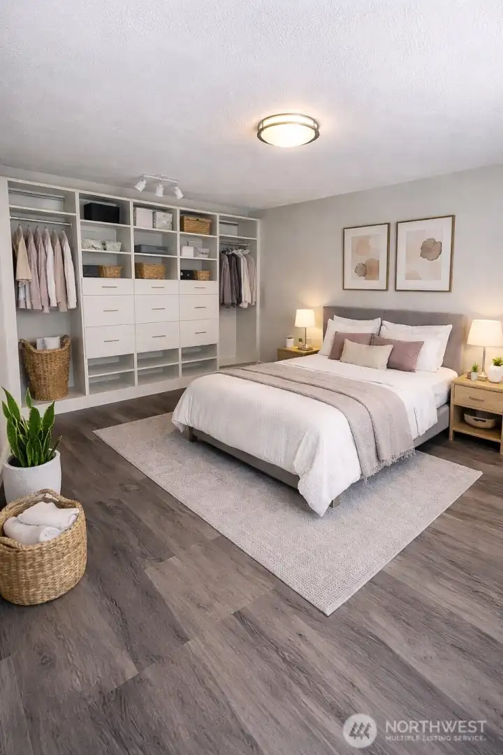 Master bedrooms accommodate king sized bed and nightstands. Large wall-to-wall built-in custom closet organizer with dimmable task light overhead. Master bedrooms accommodate king sized bed and nightstands. Large wall-to-wall built-in custom closet organizer with dimmable task light overhead.