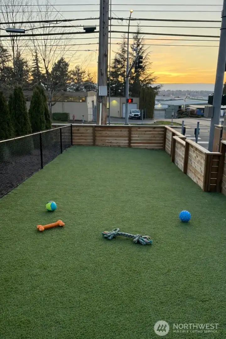 Fully enclosed synthetic-turf dog park and play area, additional synthetic-turf courtyards for outdoor use. Fully enclosed synthetic-turf dog park and play area, additional synthetic-turf courtyards for outdoor use.
