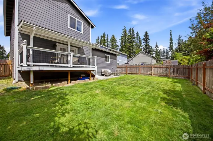 Level, private backyard provides exceptional space to relax, entertain, or simply enjoy the peaceful surroundings year-round.