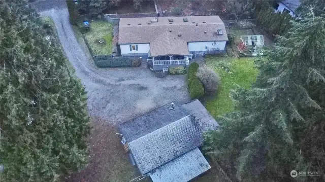 Aerial view of home and shop/garage.