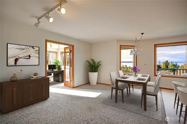 Virtually staged dining area w/office beyond (thru French doors).