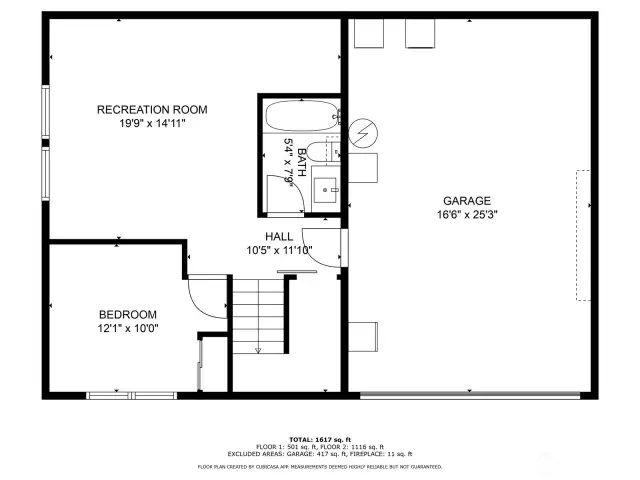 Downstairs layout with large garage and family/recreation room, 3rd bedroom and full bath.