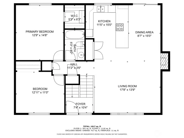 Upstairs layout features completely open layout in the main area with two good sized bedrooms and a shared full bath that is also connected directly to primary bedroom.