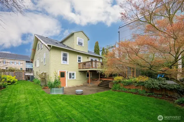 Amazing fully fenced backyard with garden space and multi-level deck.
