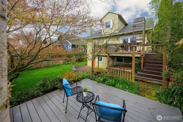 Amazing fully fenced backyard with garden space and multi-level deck.