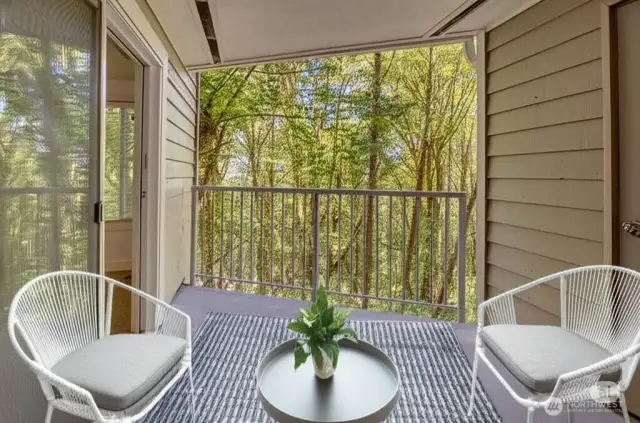 Virtually Staged balcony with privacy and tranquility