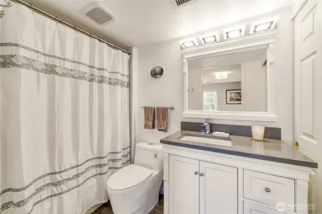 Lower-level full bath features a modern vanity, updated lighting, and a clean, classic design