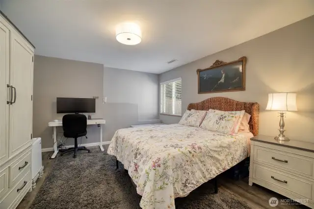 Generously sized downstairs bedroom offers abundant space for a full bedroom setup with room to spare for a desk, seating area, or additional storage