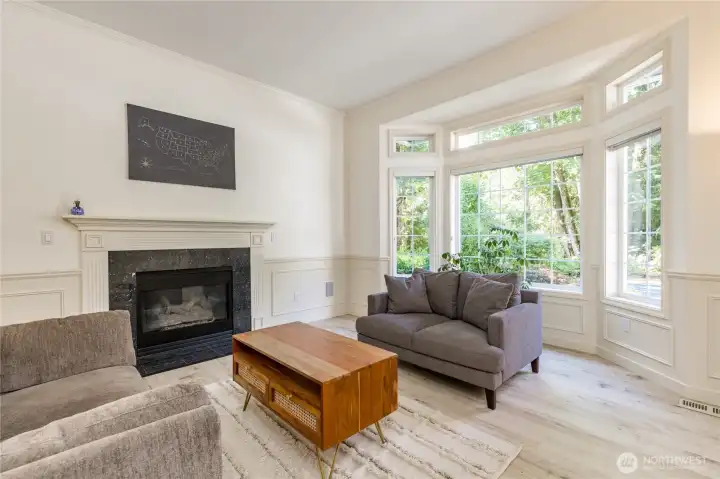 Bright living room has tall ceilings and a classy gas (propane) fireplace