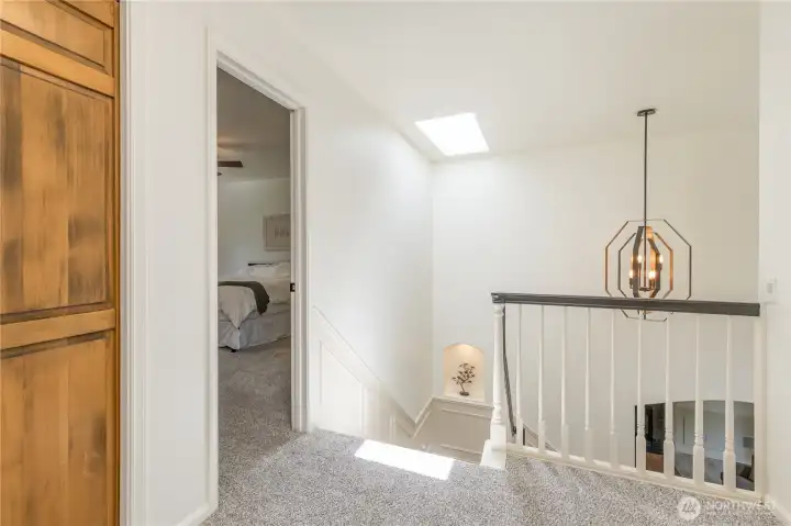 Spacious loft includes storage cabinets. Note the bright skylight and lighted art nook in the stairway!