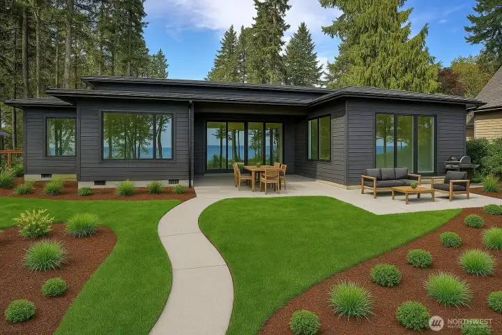 Modern rambler with clean lines, expansive windows, and seamless indoor-outdoor living highlighted by a covered patio.