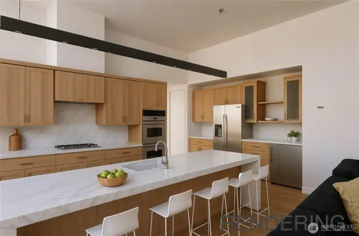 Chef inspired kitchen will feature soaring ceilings, an expansive island with seating, custom cabinetry, designed for both everyday living and entertaining.