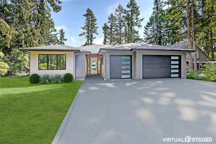 Modern curb appeal meets Northwest privacy in this stunning home. Set back from the road, it offers a private retreat surrounded by evergreens. Sleek lines, a contemporary front door, and oversized garage doors with frosted glass panels create a stylish first impression.