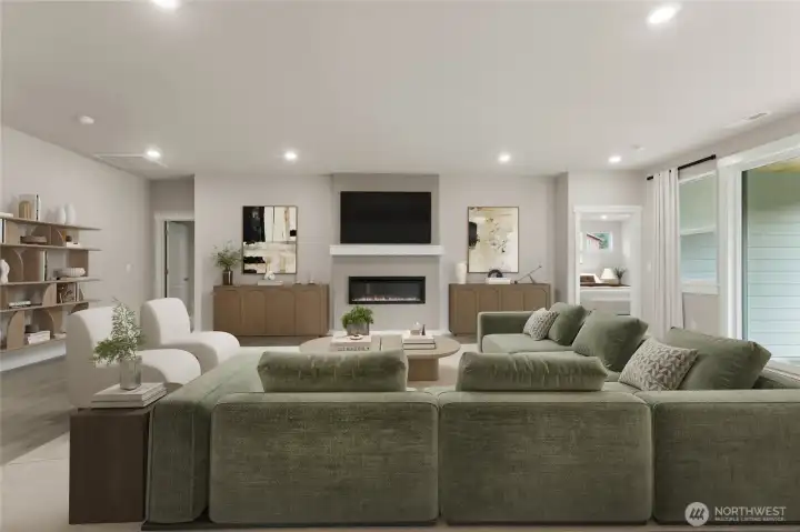 Huge great room. Photo rendering is representational. Actual home is under construction and finishes, elevation, and paint colors may vary. See site agent for details.