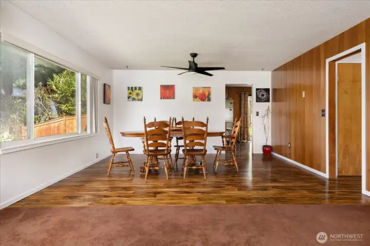 The dining room, with a ceiling fan.