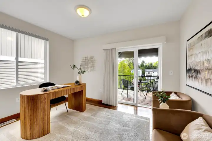 One of two additional bedrooms in upper floor can be used at office/flex space with private veranda with territorial views