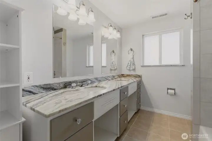 2nd floor hall bathroom shared by three bedrooms. Block of drawers for each occupant.