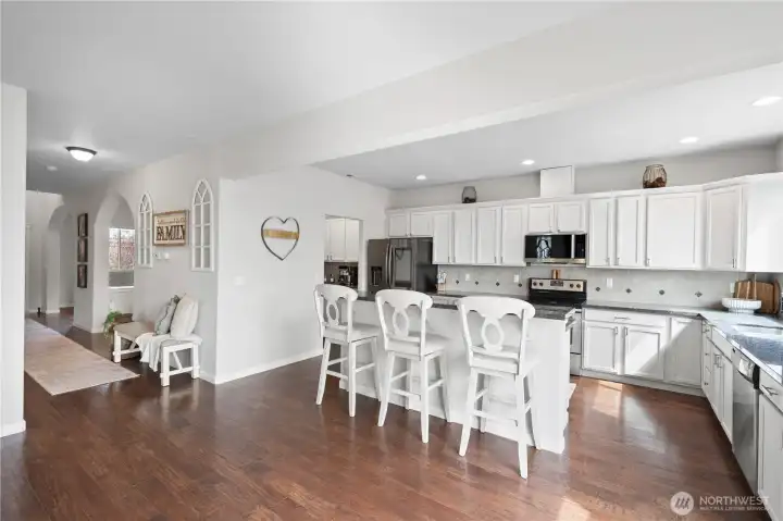 Kitchen with eating space that fits large barstools
