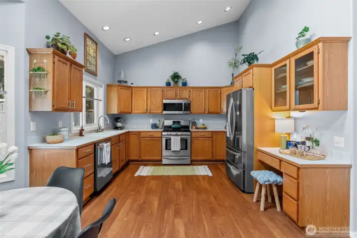 Great storage in kitchen with vaulted ceilings