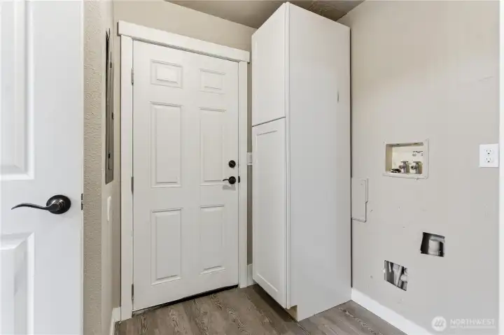 Back door to outside and large storage cabinet. Electrical panel on left.