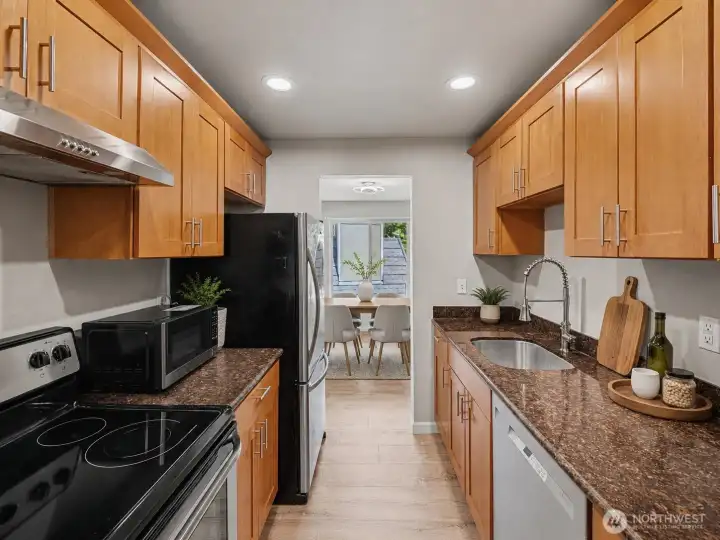 Kitchen with dining area steps away