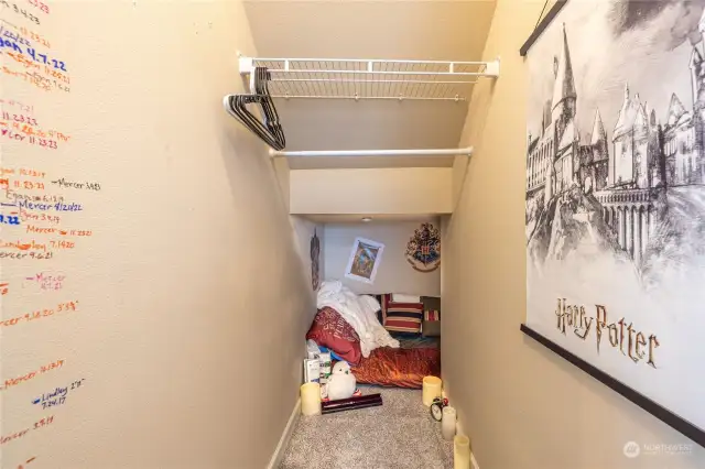 This home has a "secret room" or a Harry Potter room that feels like you are transported to another world. Made for fantasy and play...or of course; you can use it for storage.