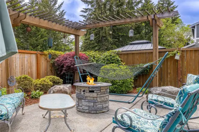 This back yard has something for everyone. Shade, sun, fire pit and a gazebo.