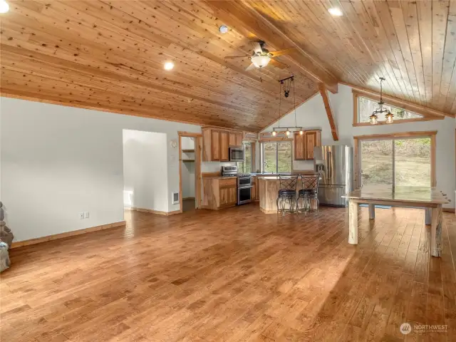 Custom oak floors throughout home , custom cedar ceiling in the great / living room - wood sourced and crafted locally.