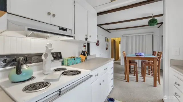 Another view of the kitchen peering into the dining area.