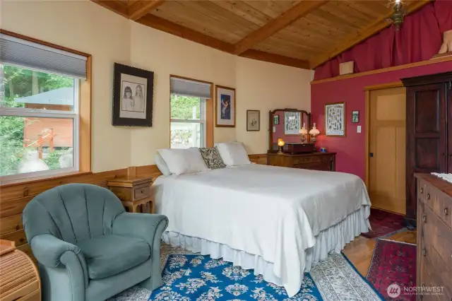 Primary bedroom, main house, with loft area above to right