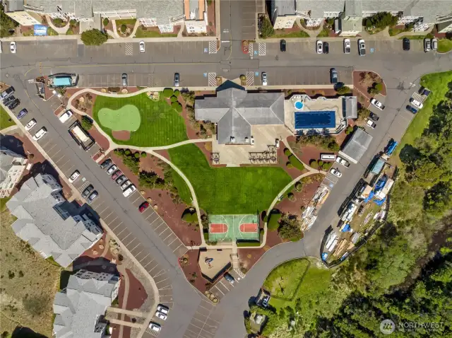 Aerial of clubhouse & amenities accessible to owners & rental guests
