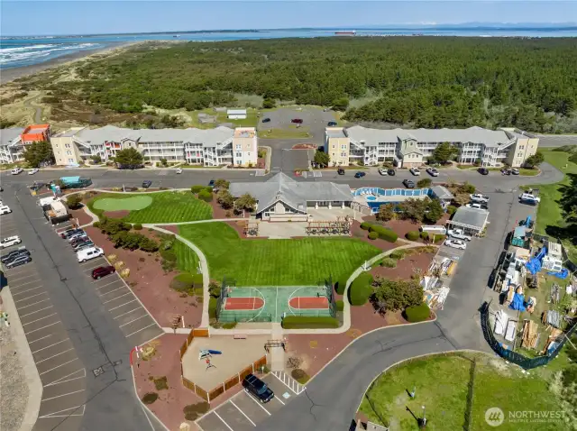 Beautiful community clubhouse area and ocean in distance